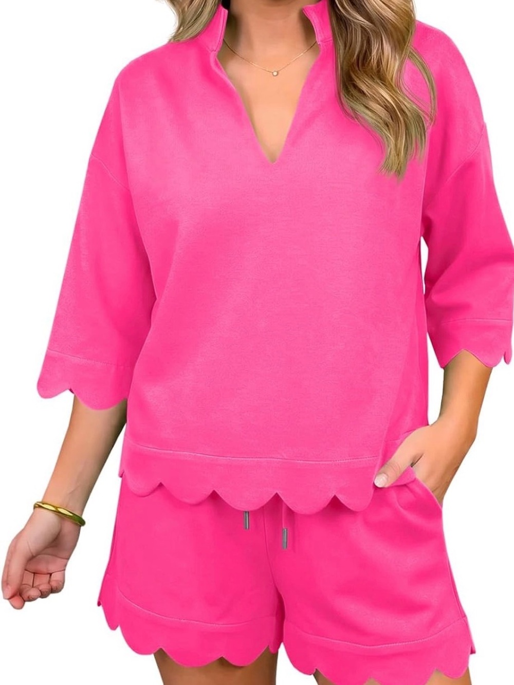 Amazon Hot Pink Scalloped Lounge Set - Women's
